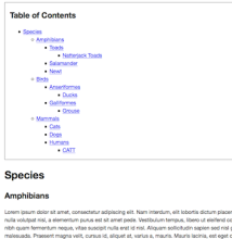 A table of contents at the top of a web page